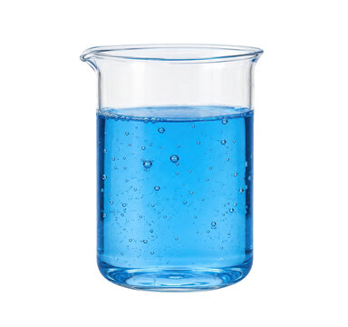 Clear glass beaker filled with vibrant blue liquid and numerous small bubbles, isolated on a clean white background