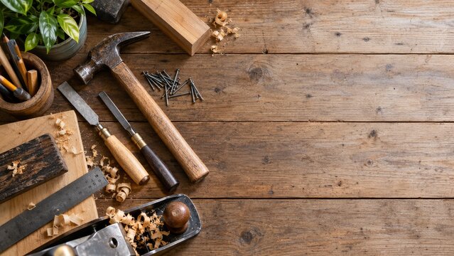 Hand tools arranged on a rustic workshop table with open space on the right