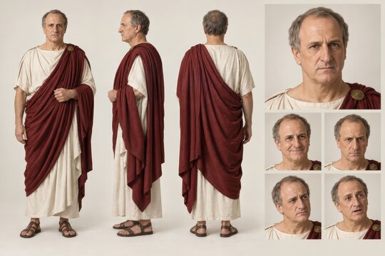 Roman senator costume reference sheet with portraits and draped toga