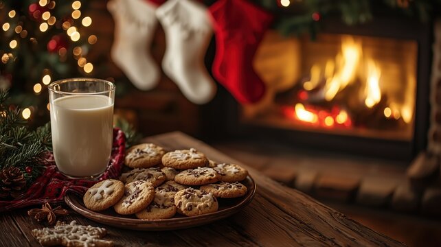 cozy christmas cookies with milk by the fireplace