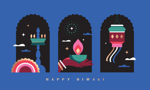 Happy Diwali greeting card, poster, flyer, cover, vector illustration with diya, rangoli, oil lamp, fireworks and lantern.
