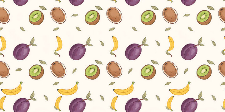Whimsical fruit pattern with bananas plums and kiwis on a light textured background