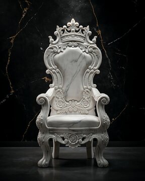 Luxurious white marble throne with ornate carvings against a dark black marble background