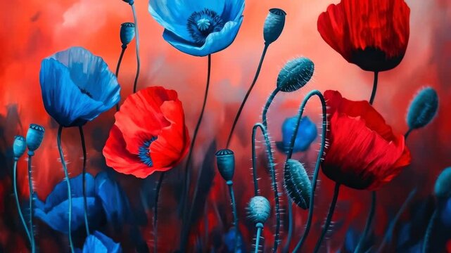 Artistic Red and Blue Poppy Flowers with Seed Pods