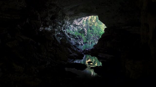 Large cave opening of a karst limestone tunnel in the jungle of central Belize, Central America