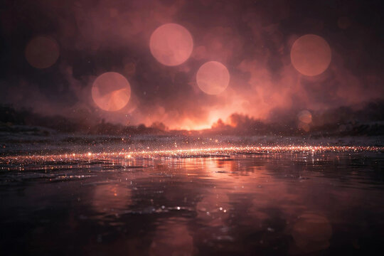 Glittering water surface with bokeh lights and forest in distance at sunset.