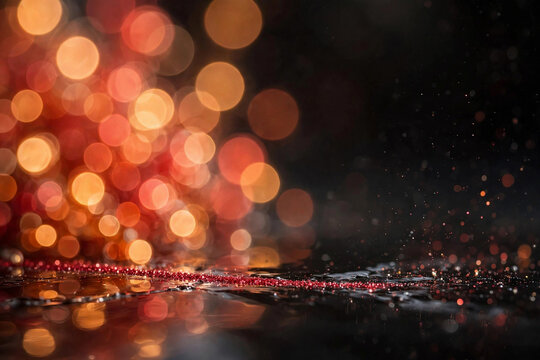 Red glitter particles float over dark wet surface with golden bokeh.