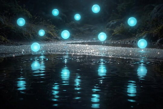 Glowing blue spheres over water rippling on forest floor.