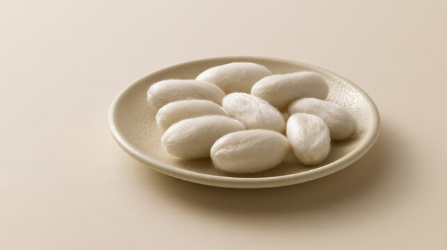 Cream silk cocoons arranged on a shallow ceramic plate