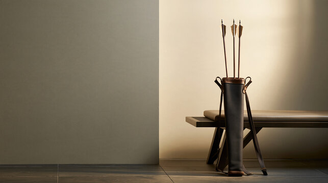 Three arrows in an upright quiver beside a wooden bench