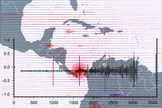 Seismograph chart showing earthquake activity, seismic waves, and epicentre monitoring over a map of Central and South America, Panama. Concept of geological disaster, seismic activity, scientific