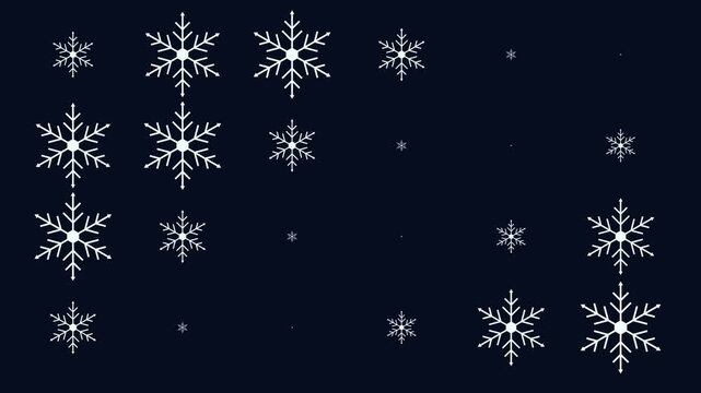 Dynamic grid of scaling snowflakes creating a wave effect. This premium seamless loop provides a modern rhythmic background for winter event visuals, UI design, and holiday streams.