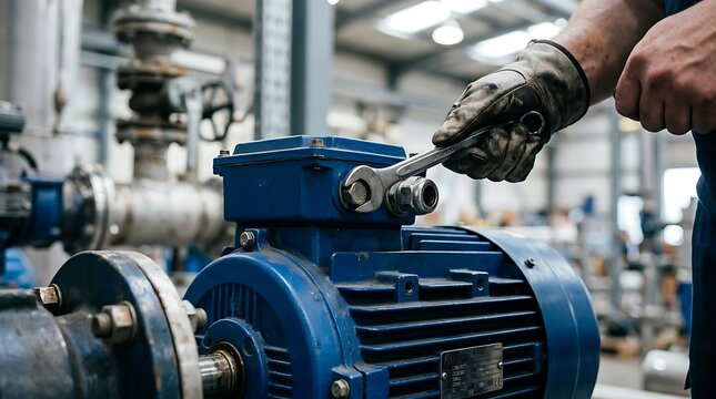 Worker using wrench to repair industrial electric motor