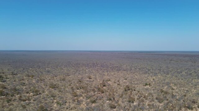 Camera panning right to left over the Hwange National Park landscape from outside the park 4K Aerial Video.