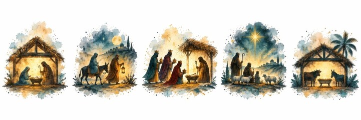 Fototapeta premium Watercolor nativity scenes depicting the biblical Christmas story