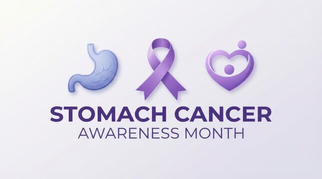 Stomach cancer awareness month purple icons set with ribbon and organs