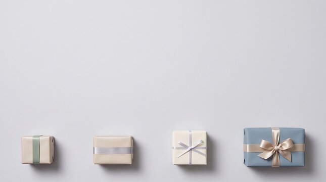 A top down flat lay composition featuring a horizontal row of four wrapped gift boxes in soft muted tones with satin ribbons positioned along the bottom edge against a clean light gray studi