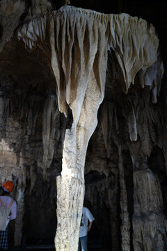 A towering limestone column dominates the foreground of a dark underground cave, while out-of-focus tourists wearing safety gear explore the deeper cavern in the background.