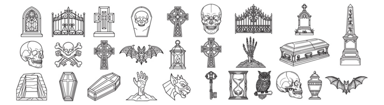 Cemetery and graveyard vector set with tombstones, coffins, and spooky skulls
