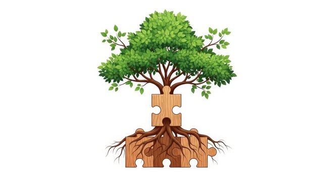 Conceptual illustration of a green leafy tree growing from interlocking wooden puzzle pieces on a plain white background