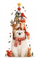 Fototapeta premium Watercolor Christmas animal tower with polar bear and woodland friends