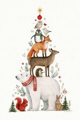 Fototapeta premium Whimsical woodland animals stacked beneath a Christmas star