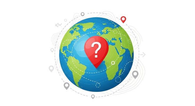 Cartoon style illustration of a globe with a large red question mark map pin icon for global search and discovery