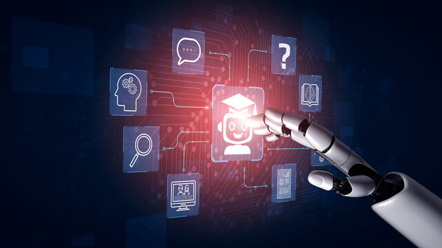 Futuristic robotic hand interacting with digital education icons representing learning, artificial intelligence, and knowledge exchange in a connected world. Entropy.