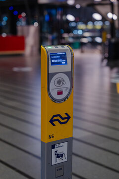 September 24, 2026, Amsterdam, Netherlands - NS public transport card reader at Schiphol Airport