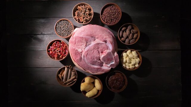 Raw pork knuckle with traditional Chinese spices for cooking Thit Kho Tau or Dongpo pork, top view on dark wooden background