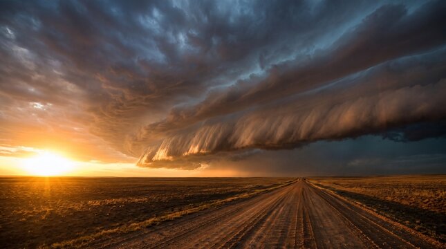 Huge shelf cloud rolling over golden plains at sunset, dramatic arcus cloud formation advancing along a dirt road toward the horizon
