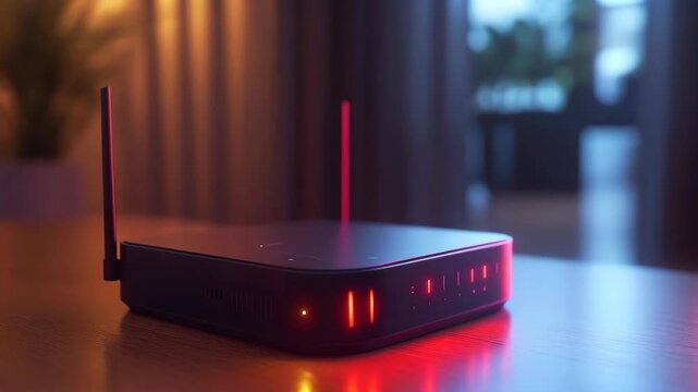 Modern Wi-Fi Router with Glowing Status Indicators in a Home Setting