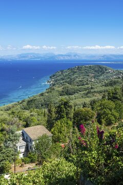 Overview over the coastline from the mountain village of Chlomos, Corfu, Ionian islands, Greece