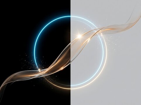 glowing circle ring intersected by golden dynamic wave line bundle