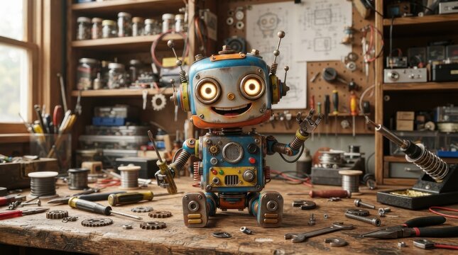 Cute vintage robot toy holding a screwdriver sitting on a messy workbench
