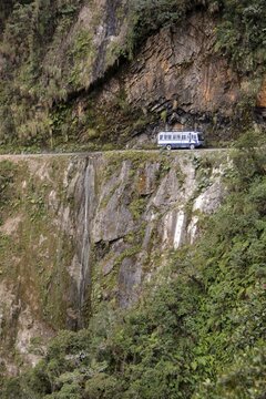 Bus on Death Road, Camino de la Muerte, Yungas North Road between La Paz and Coroico, Bolivia