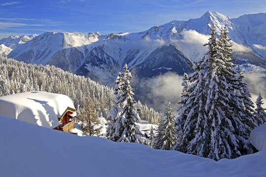 Winter landscape with snow-covered chalet, in the back Bettlihorn 2993m, Bettmeralp, Aletsch area, Upper Valais, Valais, Switzerland