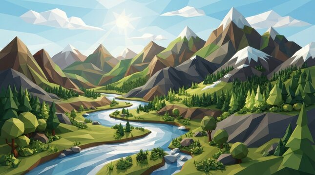 Low poly mountain landscape with river and pine trees