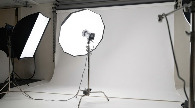 Professional photo studio setup with lighting equipment and backdrop