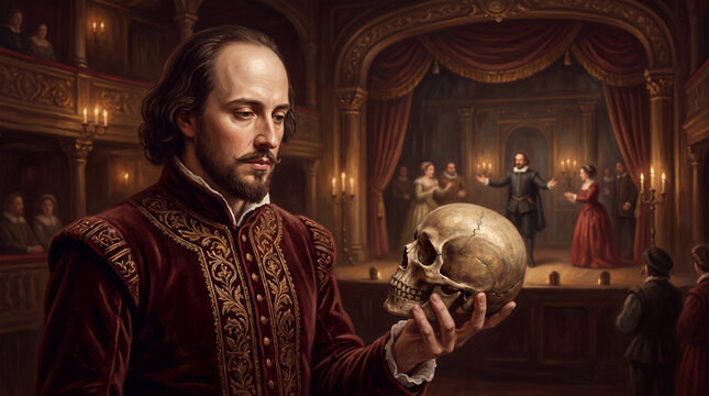 A portrait of William Shakespeare holding a human skull, reminiscent of Hamlet, with a dramatic theatrical performance occurring on a stage in the background.