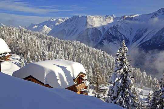 Winter landscape with snow-covered chalet, Bettmeralp, Aletsch area, Upper Valais, Valais, Switzerland