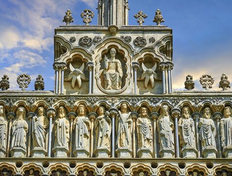 Statues on the facade of the medieval Wells Cathedral built in the Early English Gothic style in 1175, Wells, Somerset, England, United Kingdom