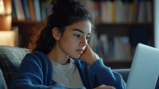 Studious Young Woman Looking at Laptop in Cozy Home