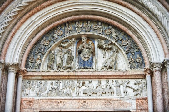 Portal of Romanesque Baptistery, Parma, Emilia Romagna, Italy