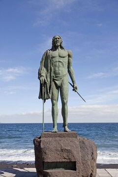 Statue of Guanche king Mencey Acaymo, on the waterfront, Candelaria, Tenerife, Canary Islands, Spain