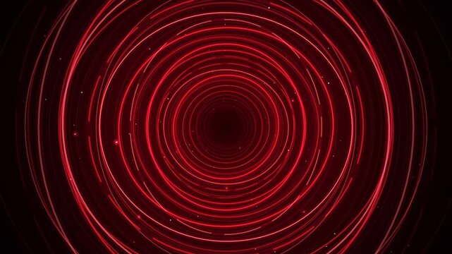 Hypnotic red neon circles spinning in endless digital motion tunnel video footage creating glowing abstract background patterns for futuristic science fiction projects