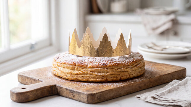 A delicious traditional French Galette des Rois king cake topped with a gold paper crown, sitting on a rustic wooden board in a bright kitchen setting.