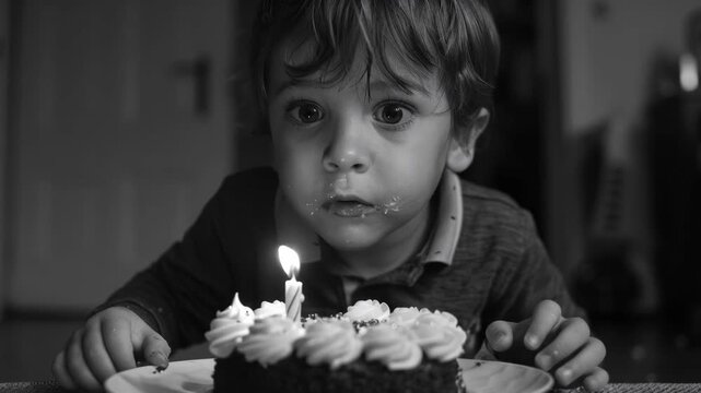 Close-up of a toddler with cake on his face and a lit birthday candle