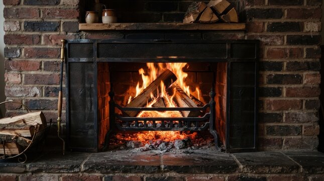 Cozy brick fireplace with burning logs and glowing embers