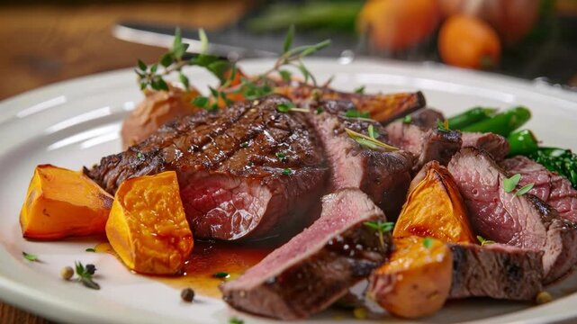 Gourmet Grilled Steak with Roasted Pumpkin and Herbs